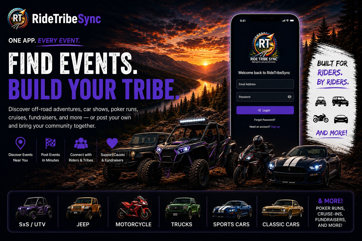 RideTribeSync hero showing riders, events, vehicles, and app preview